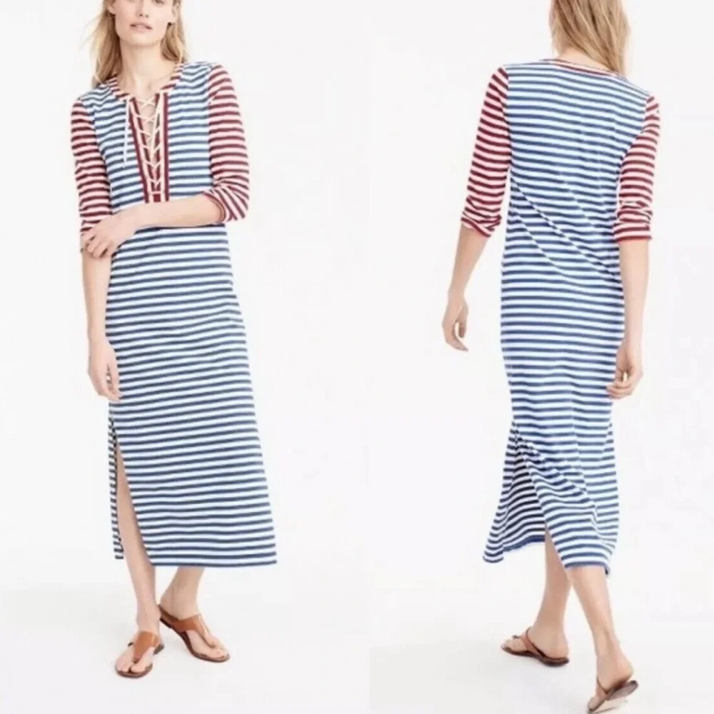 J. CREW Sammie Nautical Beach Baltic Stripe Lace Up 3/4 100% Cotton R/W/B Midi M